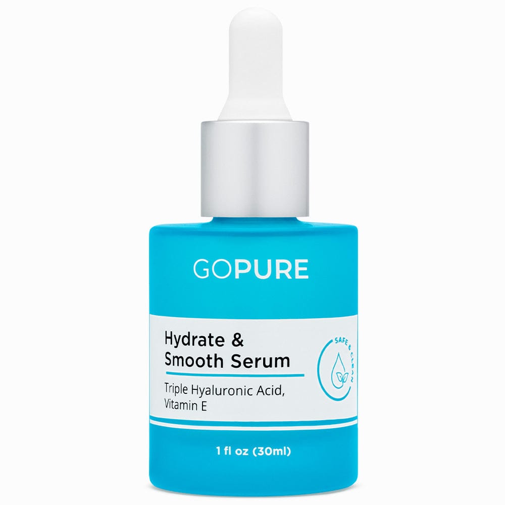 GoPure’s Hydrate & Smooth Serum in a blue bottle with white dropper. Ingredients include Triple Hyaluronic Acid and Vitamin E. 1 fl oz.