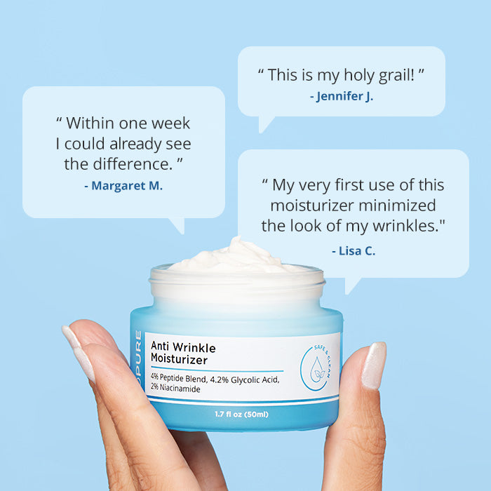 A hand holds an open jar of moisturizer, with three customer reviews in speech bubbles praising its effectiveness.