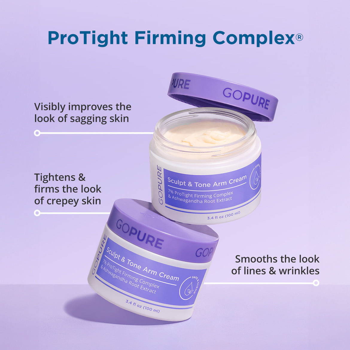 Two jars of “GOPURE Sculpt & Tone Arm Cream” with descriptive text highlighting benefits: “Visibly improves the look of sagging skin,” “Tightens & firms the look of crepey skin,” and “Smooths the look of lines & wrinkles.” Background is a smooth, purple gradient.