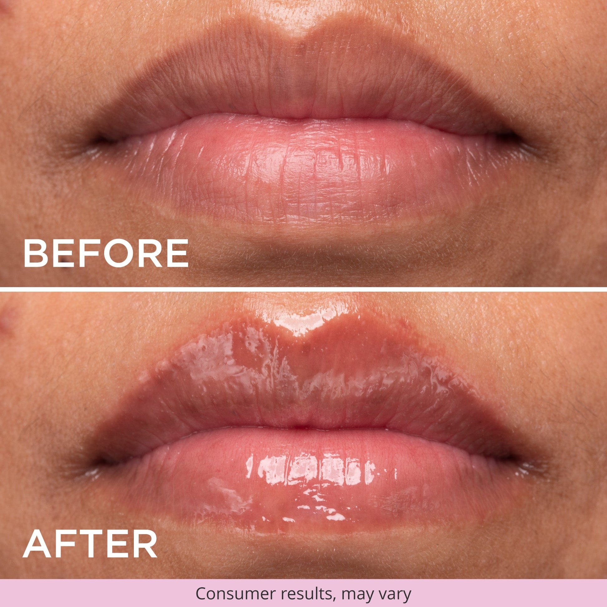 A close-up “Before and After” of lips. The top image shows bare lips with fine lines, while the bottom image shows glossy, fuller-looking lips. Text: “Before” (top) and “After” (bottom). Small text: “Consumer results, may vary.”