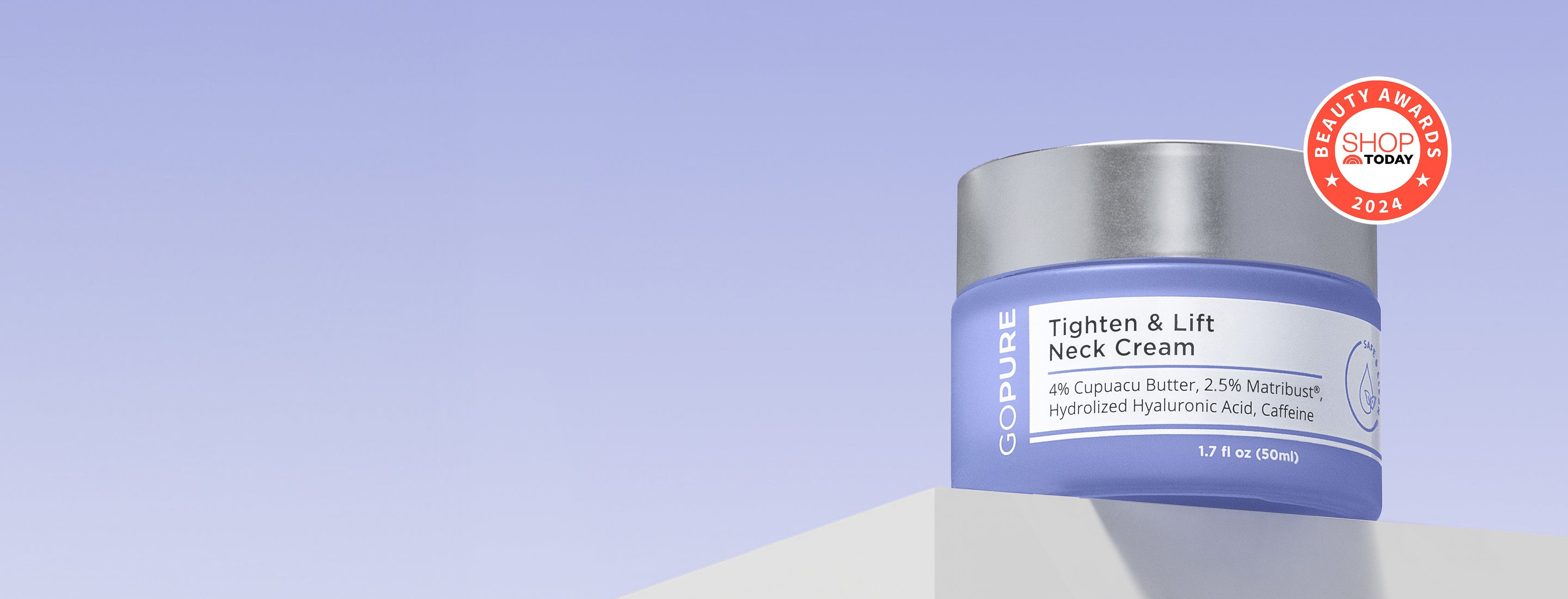 Jar of GoPure Tighten & Lift Neck Cream on a white surface against a purple gradient background. The label highlights 4% Cupuacu Butter, 2% Matrixyl®, Hydrolyzed Hyaluronic Acid, and Caffeine. A "Shop Today Beauty Awards 2024" badge is on the right.