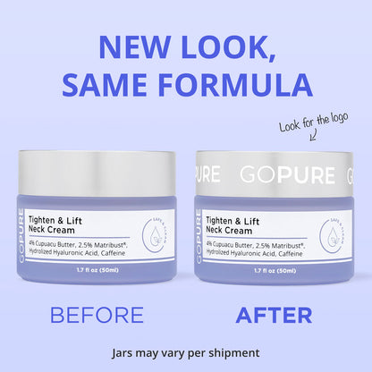 Two jars of GoPure Tighten & Lift Neck Cream are displayed side by side, labeled "Before" and "After." The "After" jar has an updated design with a more prominent "GOPURE" logo on the lid. The text above reads, "New Look, Same Formula," and a note below states, "Jars may vary per shipment."