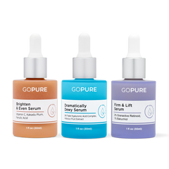 3 serums in 1 fl oz bottles. A blue bottle for the Dramatically Dewy Serum that contains Triple Hyaluronic Acid Complex and Hibiscus Fruit Extract; a peach-color bottle for the Brighten & Even Serum with Vitamin C, Kakadu Plum, and Ferulic Acid; and a purple bottle for the Firm & Lift Serum with Granactive Retinoid and Bakuchiol.