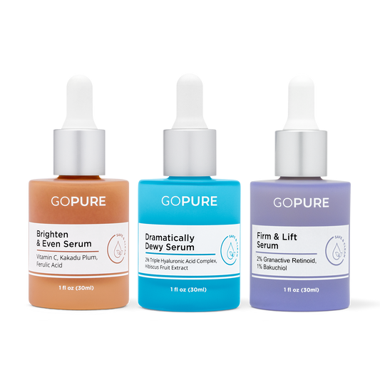 3 serums in 1 fl oz bottles. A blue bottle for the Dramatically Dewy Serum that contains Triple Hyaluronic Acid Complex and Hibiscus Fruit Extract; a peach-color bottle for the Brighten & Even Serum with Vitamin C, Kakadu Plum, and Ferulic Acid; and a purple bottle for the Firm & Lift Serum with Granactive Retinoid and Bakuchiol.