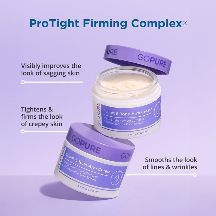 A jar of Gopure Sculpt & Tone Arm Cream is shown, slightly open with a creamy texture visible inside. The jar features a purple lid and label, highlighting "7% ProTight Firming Complex & Ashwagandha Root Extract." Text on the image emphasizes benefits, including "Visibly improves the look of sagging skin," "Tightens & firms the look of crepey skin," and "Smooths the look of lines & wrinkles." The background is a soft lavender color.