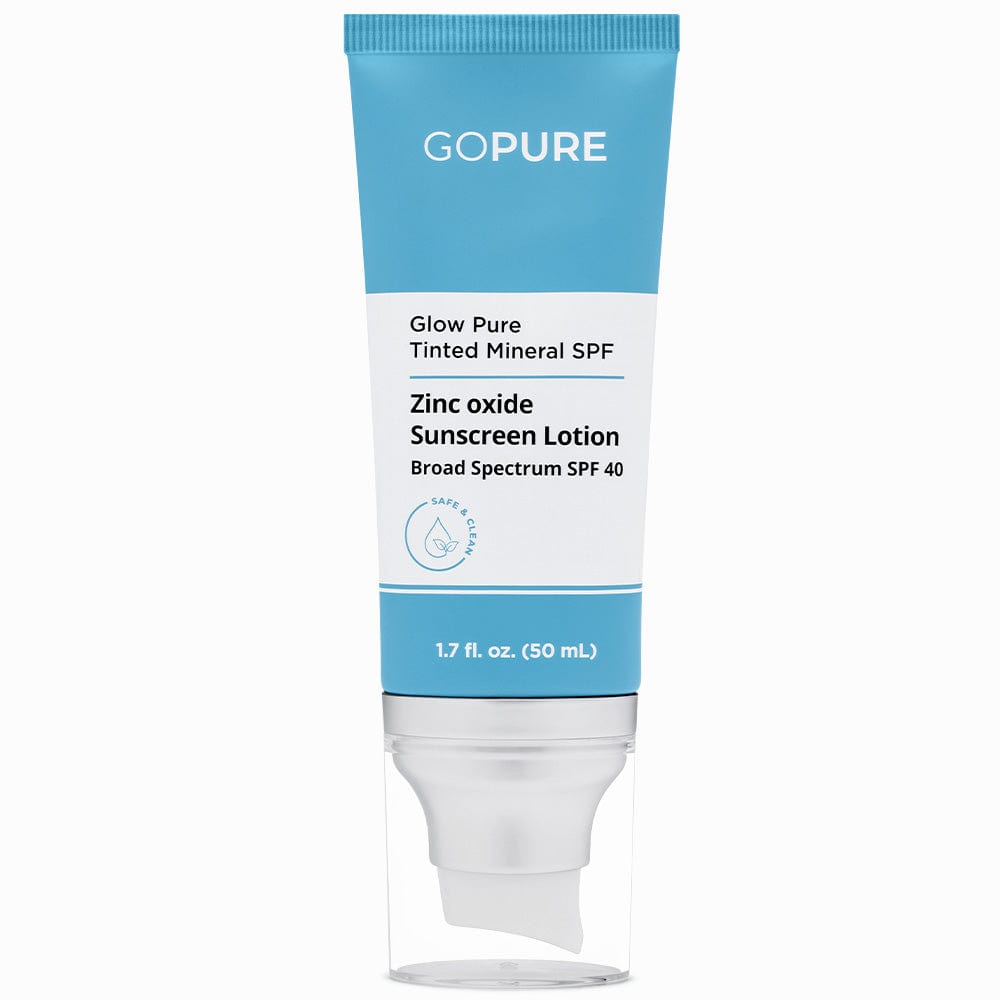  A 1.7 fl. oz. tube of GoPure Glow Pure Tinted Mineral SPF, containing Zinc Oxide Sunscreen Lotion with Broad Spectrum SPF 40, labeled as safe and clean.