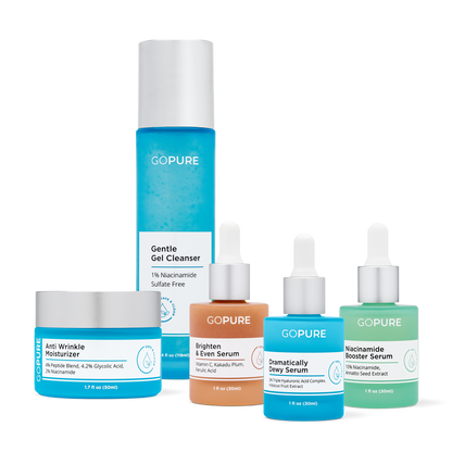 Image of GoPure's Skincare starter routine, featuring an anti-wrinkle cream, cleanser, and three serums: niacinamide, dramatically dewy and brighten and even serum.