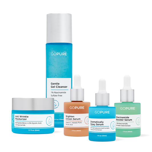 Image of GoPure's Skincare starter routine, featuring an anti-wrinkle cream, cleanser, and three serums: niacinamide, dramatically dewy and brighten and even serum.