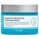 Blue jar of GoPure's Superfruit Enzymes Cleansing Balm containing ingredients like passion fruit, guava leaf, and papaya leaf. 3 oz.