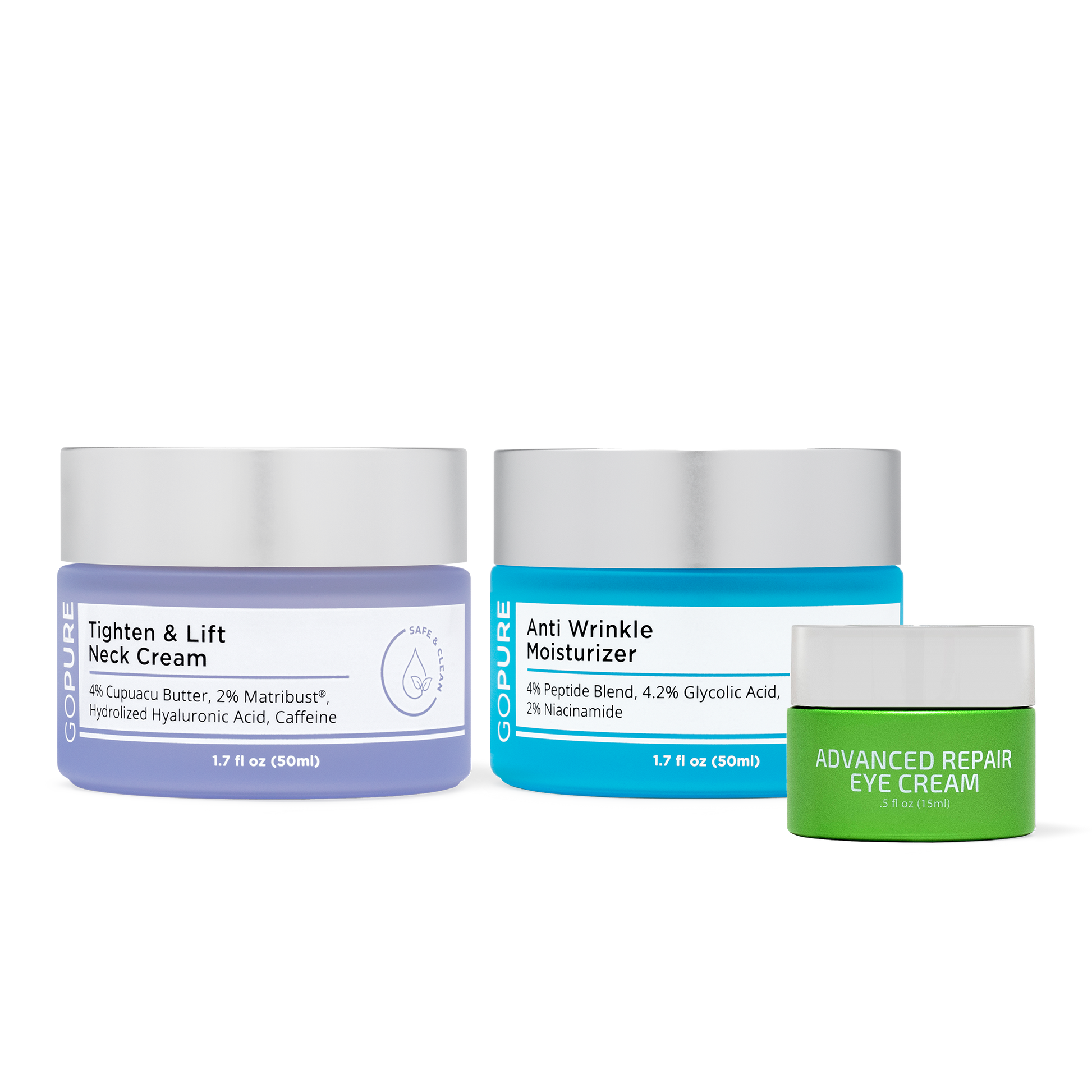 Image of three GoPure skincare products: a Tighten & Lift Neck Cream made with Cupuacu Butter and Hyaluronic Acid in purple packaging, an Anti Wrinkle Moisturizer made with a Peptide blend, Glycolic Acid and niacinamide in blue, and a green Advanced Repair Eye Cream.