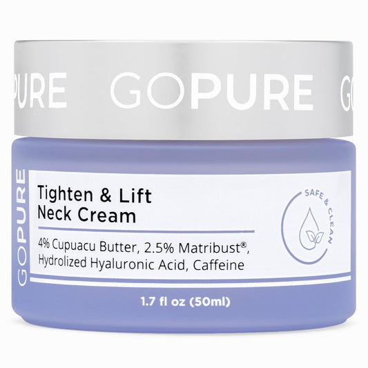 Purple jar of GoPure’s Tighten & Lift Neck Cream. Ingredients contain Cupuacu Butter, Matribust®, Hydrolized Hyaluronic Acid and Caffeine. 1.7 fl oz.
