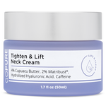 Purple jar of GoPure’s Tighten & Lift Neck Cream. Ingredients contain Cupuacu Butter, Matribust®, Hydrolized Hyaluronic Acid and Caffeine. 1.7 fl oz.