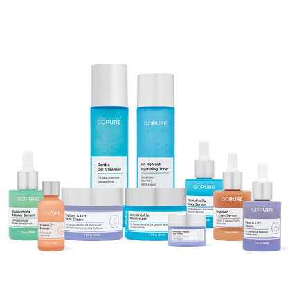 Image featuring gopure’s cleanser and toner bottles with four serums: 'dramatically dewy,' 'brighten and even,' 'Firm and Lift,' and niacinamide. Also shown are three creams: eye cream, anti-wrinkle cream, and eye and neck cream, alongside a vitamin C booster bottle.