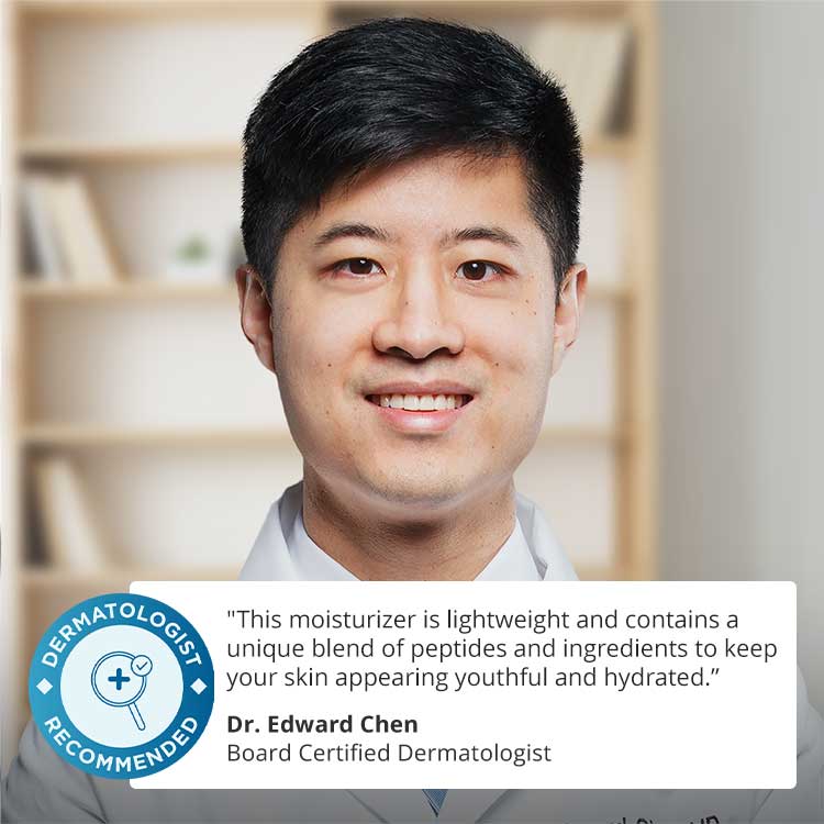 A portrait of Dr. Edward Chen, a board-certified dermatologist, with a quote recommending the moisturizer for youthful, hydrated skin. A “Dermatologist Recommended” badge is displayed.