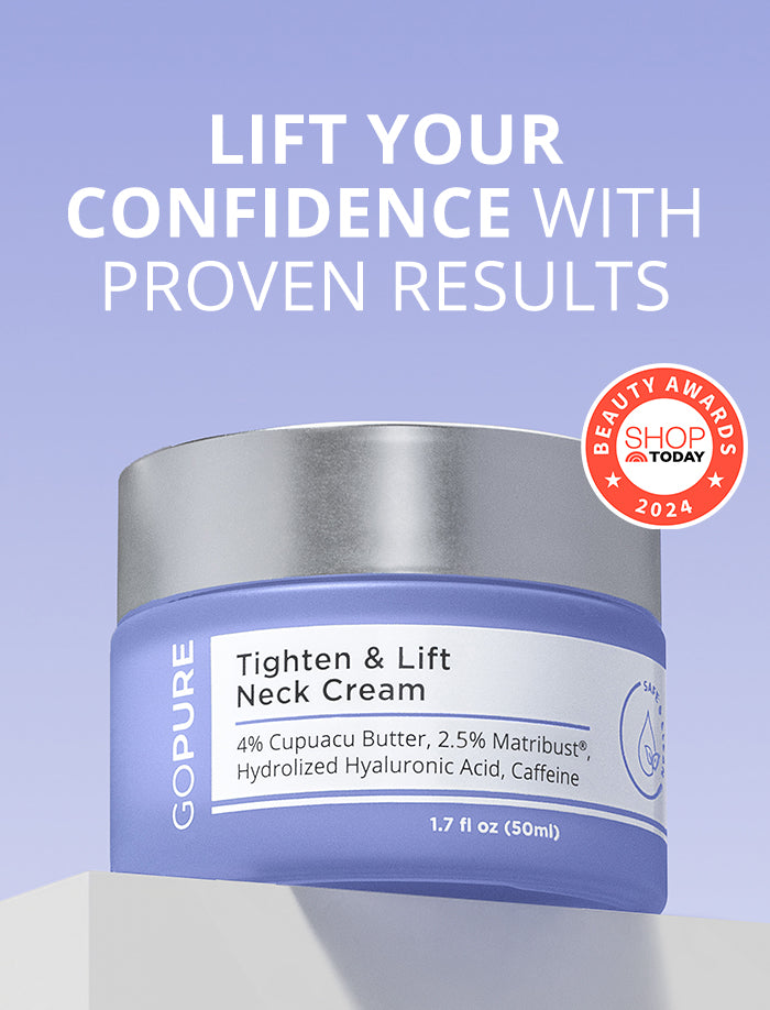 Jar of GoPure Tighten & Lift Neck Cream against a purple background with the text "Lift your confidence with proven results." The label highlights 4% Cupuacu Butter, 2.5% Matrixyl®, Hydrolyzed Hyaluronic Acid, and Caffeine. A "Shop Today Beauty Awards 2024" badge is on the right.