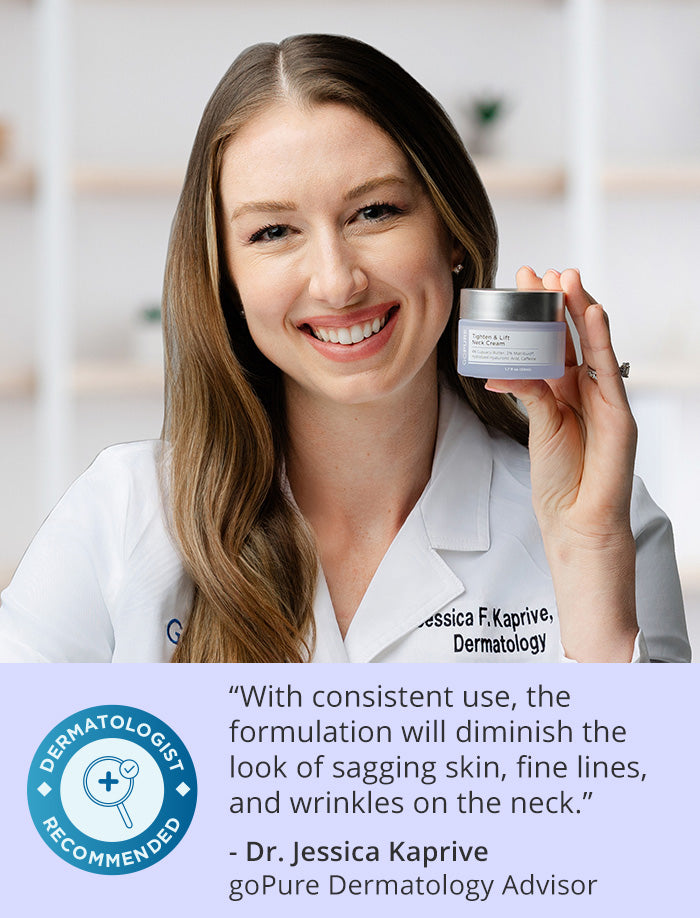 Dr. Jessica Kaprive, a dermatologist, smiling and holding GoPure Tighten & Lift Neck Cream. Text reads, "With consistent use, the formulation will diminish the look of sagging skin, fine lines, and wrinkles on the neck." Dermatologist Recommended badge on the left.