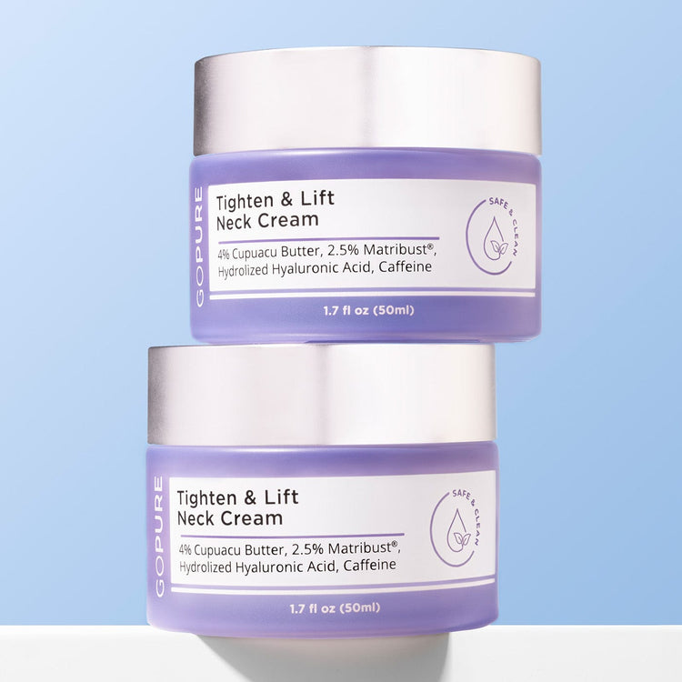 Two jars of GoPure Tighten & Lift Neck Cream stacked against a light blue background. The label highlights 4% Cupuacu Butter, 2.5% Matrixyl®, Hydrolyzed Hyaluronic Acid, and Caffeine.