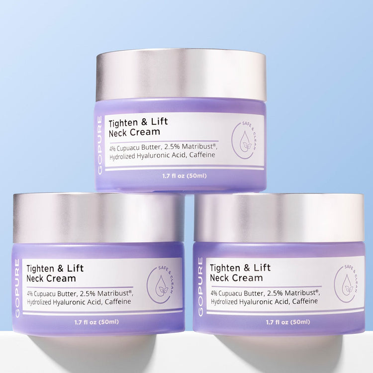 Three jars of GoPure Tighten & Lift Neck Cream against a light blue background. The label highlights 4% Cupuacu Butter, 2.5% Matrixyl®, Hydrolyzed Hyaluronic Acid, and Caffeine.