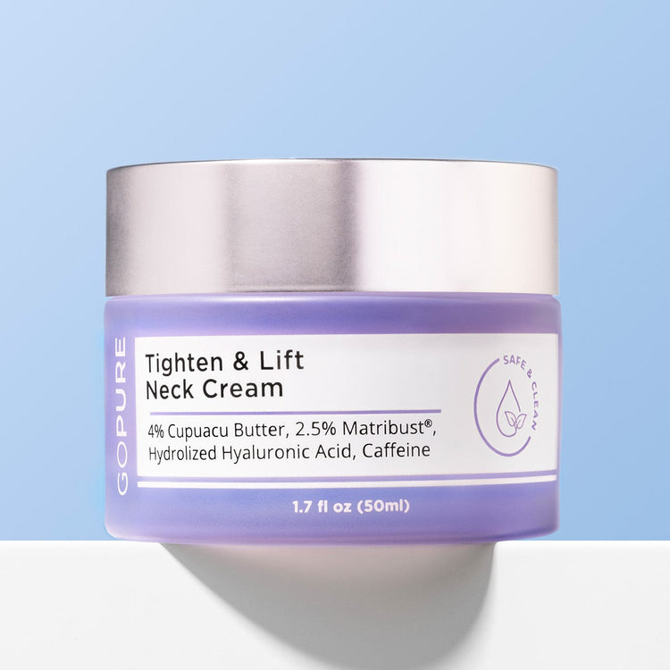Jar of GoPure Tighten & Lift Neck Cream against a light blue background. The label highlights 4% Cupuacu Butter, 2.5% Matrixyl®, Hydrolyzed Hyaluronic Acid, and Caffeine.